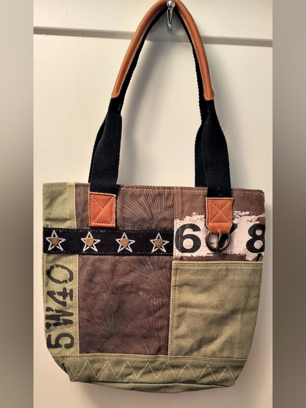 Clea Ray Large Patchwork Star Trim Tote in Green & Brown